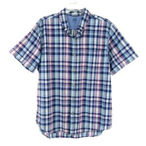 Izod Saltwater White Blue Red Plaid Short Sleeve Button Down Shirt Mens Size L